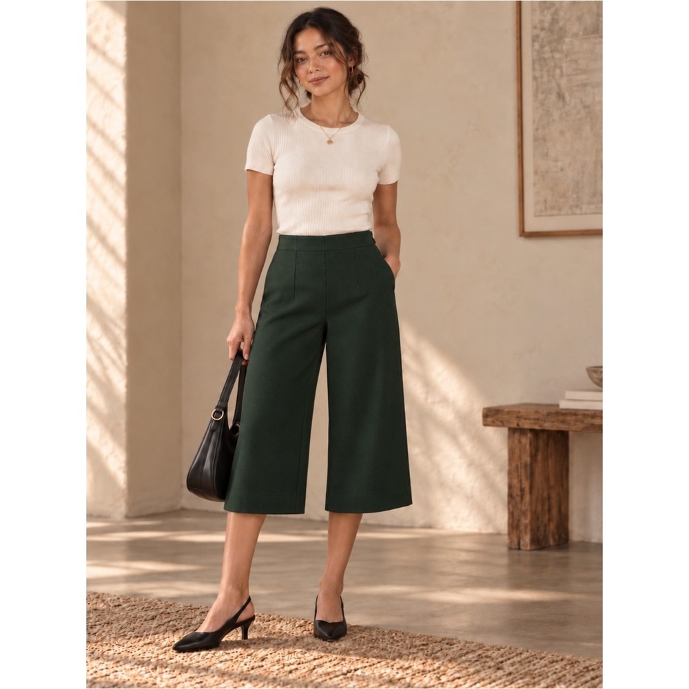 Deep Green Petite Wide Leg Cropped Trouser Workwear Feminine Size 00P